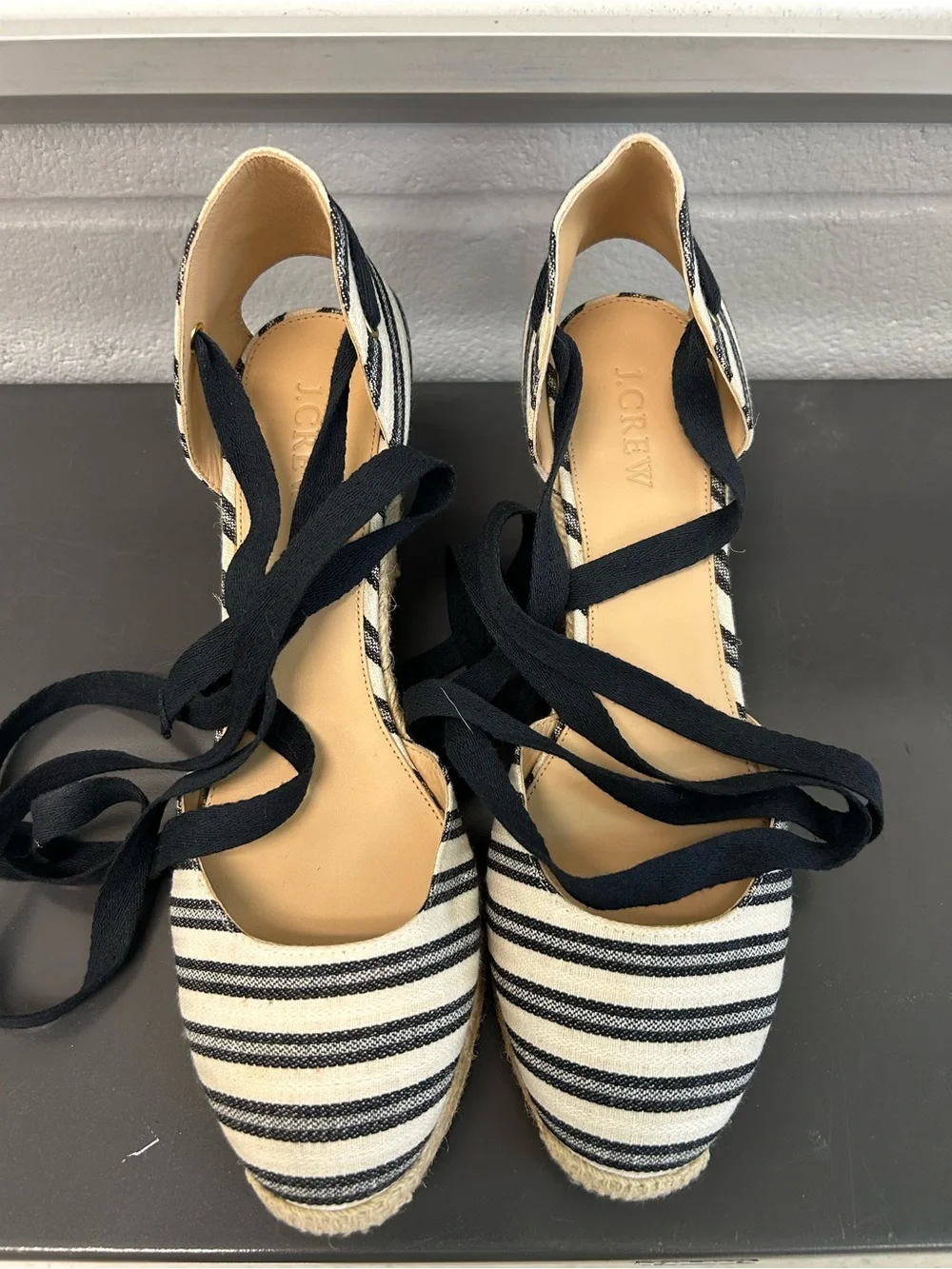 J.Crew Striped Espadrille Wedge Ankle-Tie Sandals - Black & White 9.5